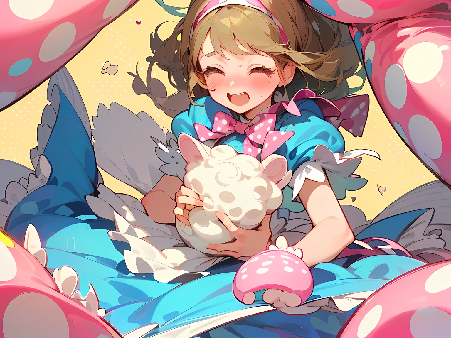 ((trio:1.3)),((Alice in Wonderland:1.3)),((A vibrant and lively background:1.2)),(Pop and cute polka dot pattern:1.45)),((You are the main character!:1.2)),((Beautiful images:1.15)),((high quality:1.15)),((Perfect graphics:1.15)),(((girl、Lady:1.2))),Big smile,(blush、Embarrassed laugh:1.25),(white、pink、cream、black、yellow)