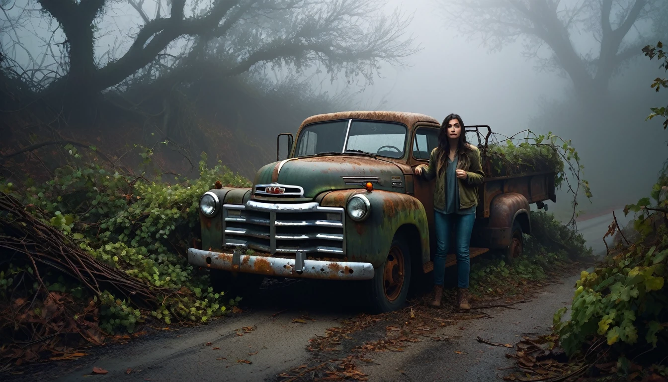 012: Create a hyper-realistic image of Jimena finding an old, abandoned truck on the side of the foggy road. The truck is rusty and overgrown with vines, with its headlights dimly glowing. Jimena stands next to it, looking for clues, with a worried expression. The surrounding area is covered in dense fog, and shadowy figures can be seen lurking in the background, adding to the eerie atmosphere. The image should be in a 16:9 format, with soft shadows and highlights to increase the sense of unease.