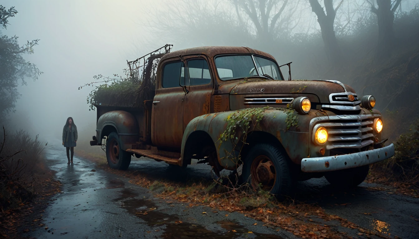 012: Create a hyper-realistic image of Jimena finding an old, abandoned truck on the side of the foggy road. The truck is rusty and overgrown with vines, with its headlights dimly glowing. Jimena stands next to it, looking for clues, with a worried expression. The surrounding area is covered in dense fog, and shadowy figures can be seen lurking in the background, adding to the eerie atmosphere. The image should be in a 16:9 format, with soft shadows and highlights to increase the sense of unease.