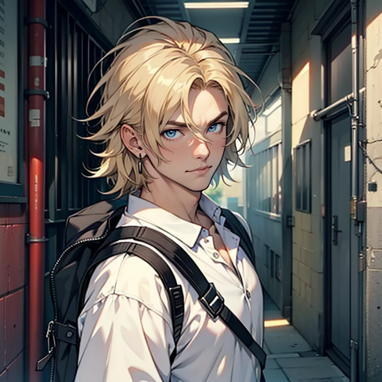 ((masterpiece)), (((best quality))), solo, 1 male, dystopian world, pale white skin, very light blonde hair, medium hair, bob hair style, straight hair, handsome young man, blue eyes, lean, tall, slender, practical clothing, backpack, simple earrings, highest quality, highly detailed, original, high resolution CG Unit 8k wallpaper, (best quality, artwork, masterpiece, 4k)