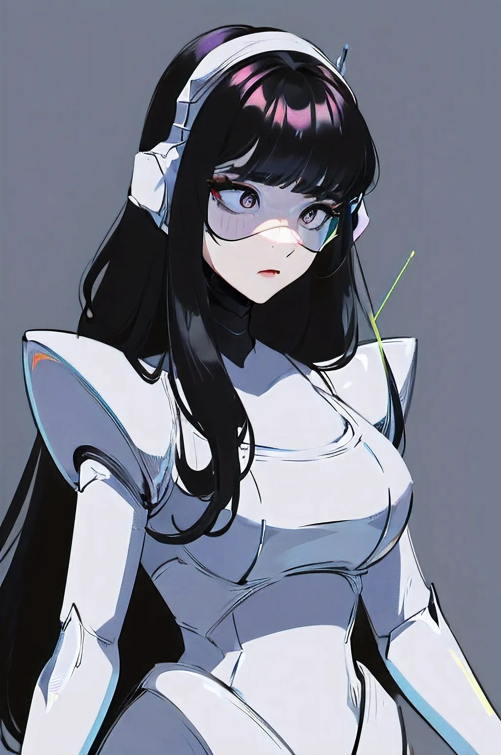 empty eyes,robotized woman ,big bust,Robot Joint ,Metal skin,Black Suit,long hair,a suit that covers the whole body,mechanization,robot, robot ear