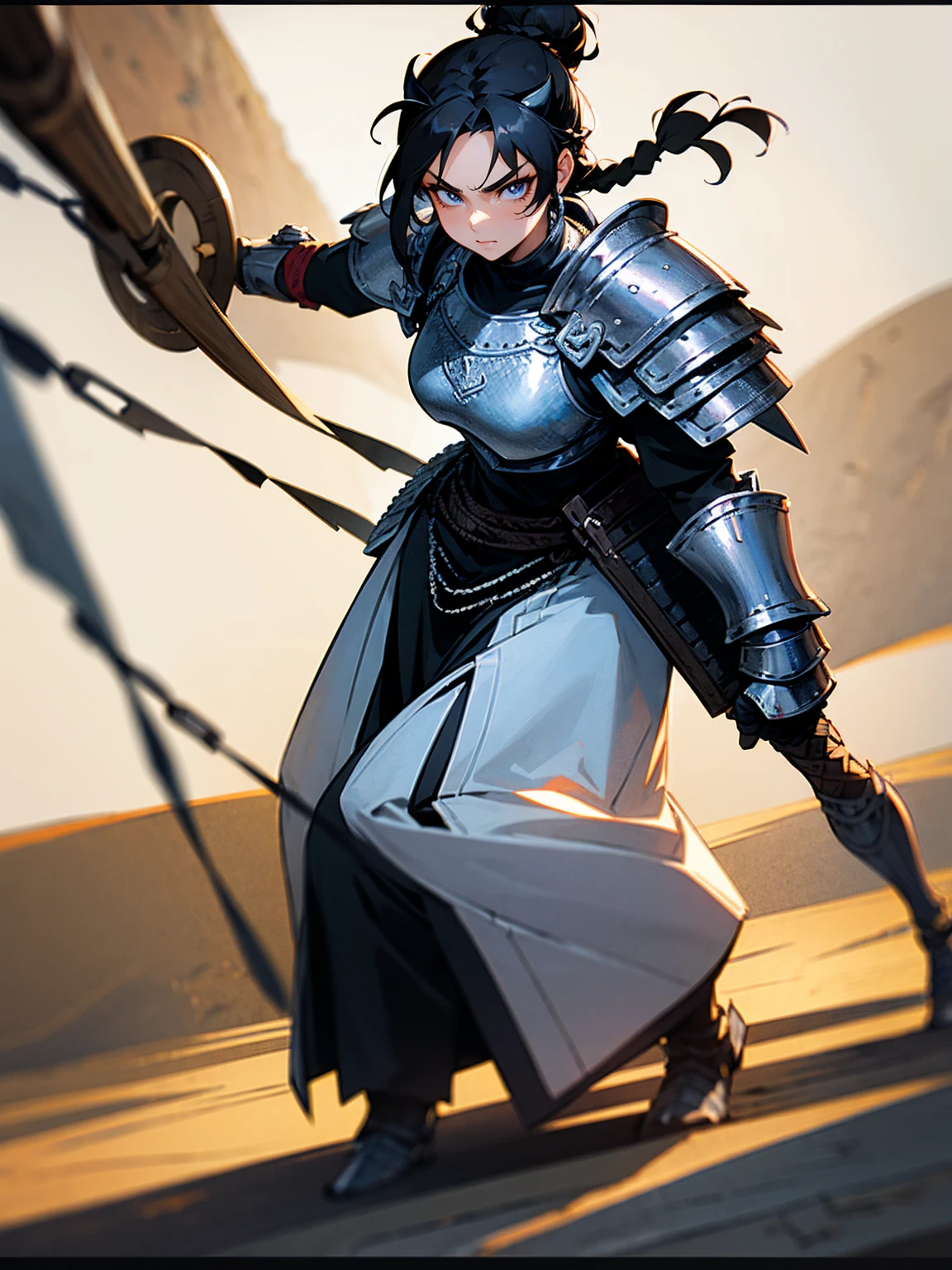 Middle-aged female, black hair in a bun, warrior braid, chainmail armor, fierce eyes, standing on path, with a shoulder pauldron