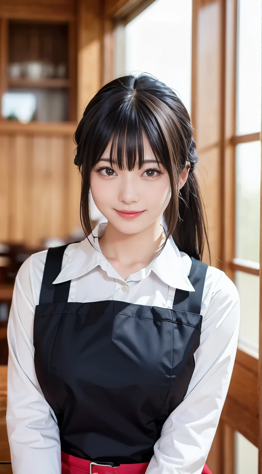 (Highest quality,masterpiece:1.3,Ultra-high resolution,),(Very detailed,Caustics),(Realistic:1.4,RAW shooting,)Ultra-Realistic Capture,Very detailed,High resolution 16K human skin closeup。 Natural skin texture、,pores、、、、It must be detailed enough to be easily identifiable。 Skin tone is even and healthy looking。 Use natural light and colour,restaurant,Waitress Uniform,1 girl,Japanese,18-year-old,cute,Black-haired,ponytail,Big Breasts,smile,Turn your body forward,(Front view:1.1),Looking into the camera,Cowboy Shot,