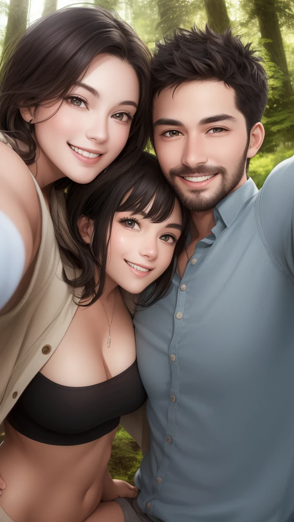 the couple is looking at each other while smiling in the forest for a selfie, 1girl, 1boy, facial hair, realistic, smile, black hair