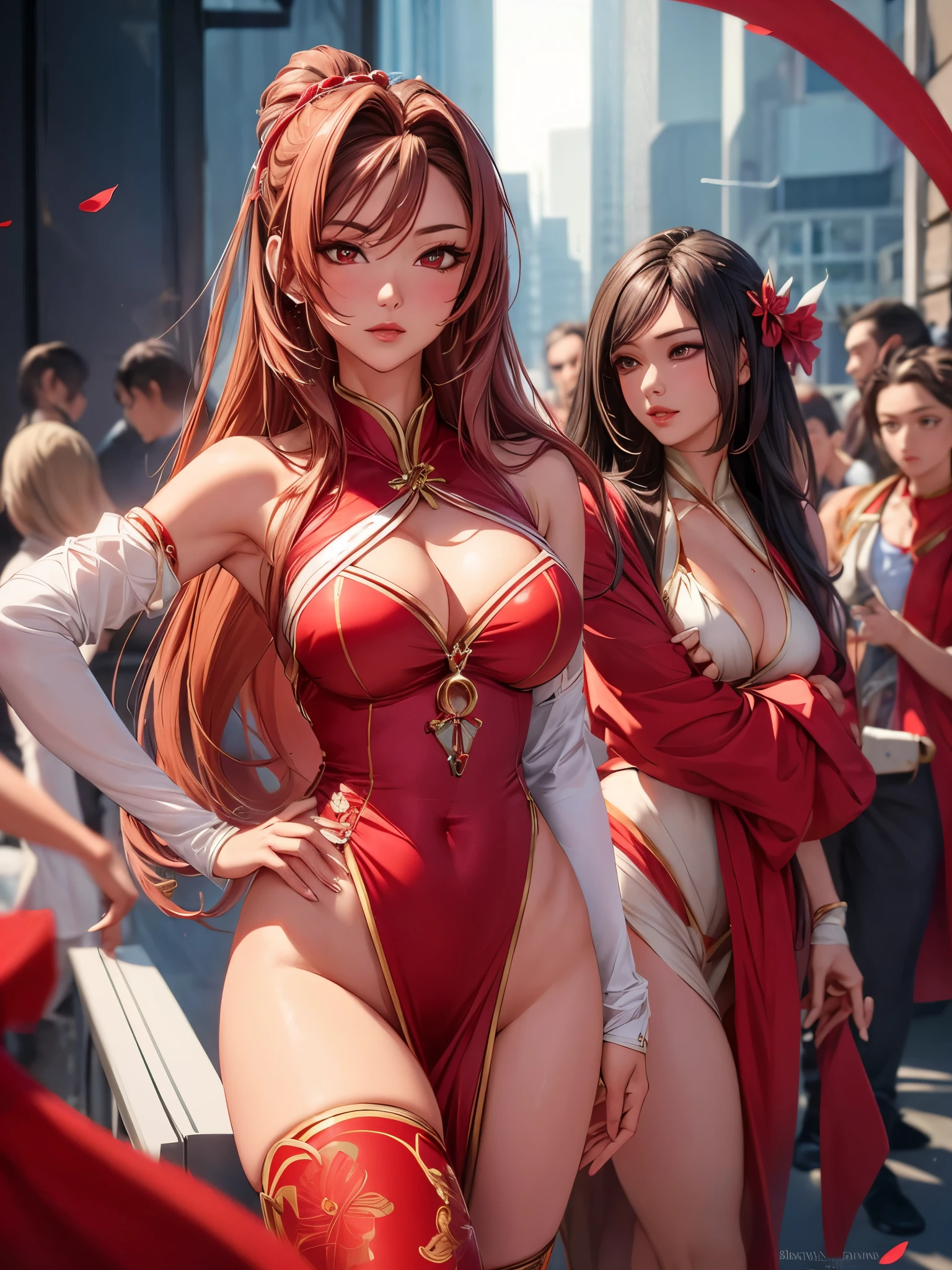 Mai Shiranui, ultra-realistic 8k CG, beautfull woman, perfectbody, divine beauty, long hair, Eyes seductive, make-up, medium breasts, oriental costumes, chanel short dress, legs showing, posing for a professional photograph