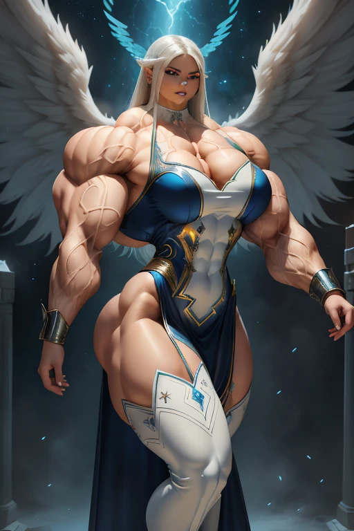 (Close view), tall, White haired woman, long straight hair, light brown skinned, closed smile, (black lipstick), ((massive muscles)), (hyper muscle), ((ginormous bulky muscles)), ((glowing blue eyes)), (all white sparkling cheongsam dress), (giant angel wings), gauntlets, choker, thigh high boots, (carrying thunder in the Sky)