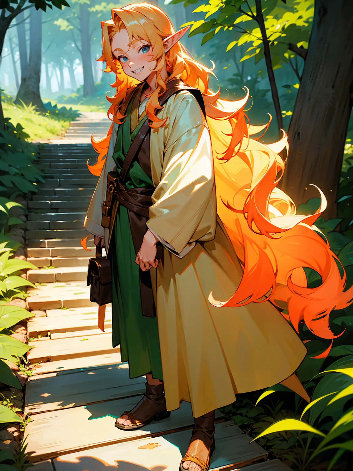 Young male, blond hair in loose wavy hair, coral hair, elf ears, forest garb, playful grin, standing on path, with a satchel bag