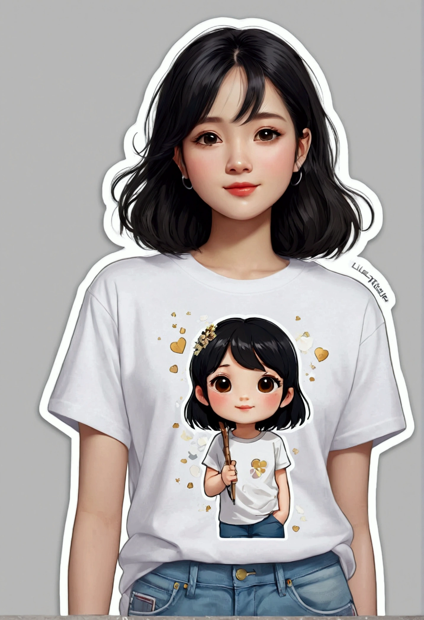 masterpiece, Highest quality, Very detailed, alone, Brush Sticker, (Little:1.4), Simple Background, whole body,Black Hair,semi-long、boyish、Adult women、White T-shirt、Neutral facial features