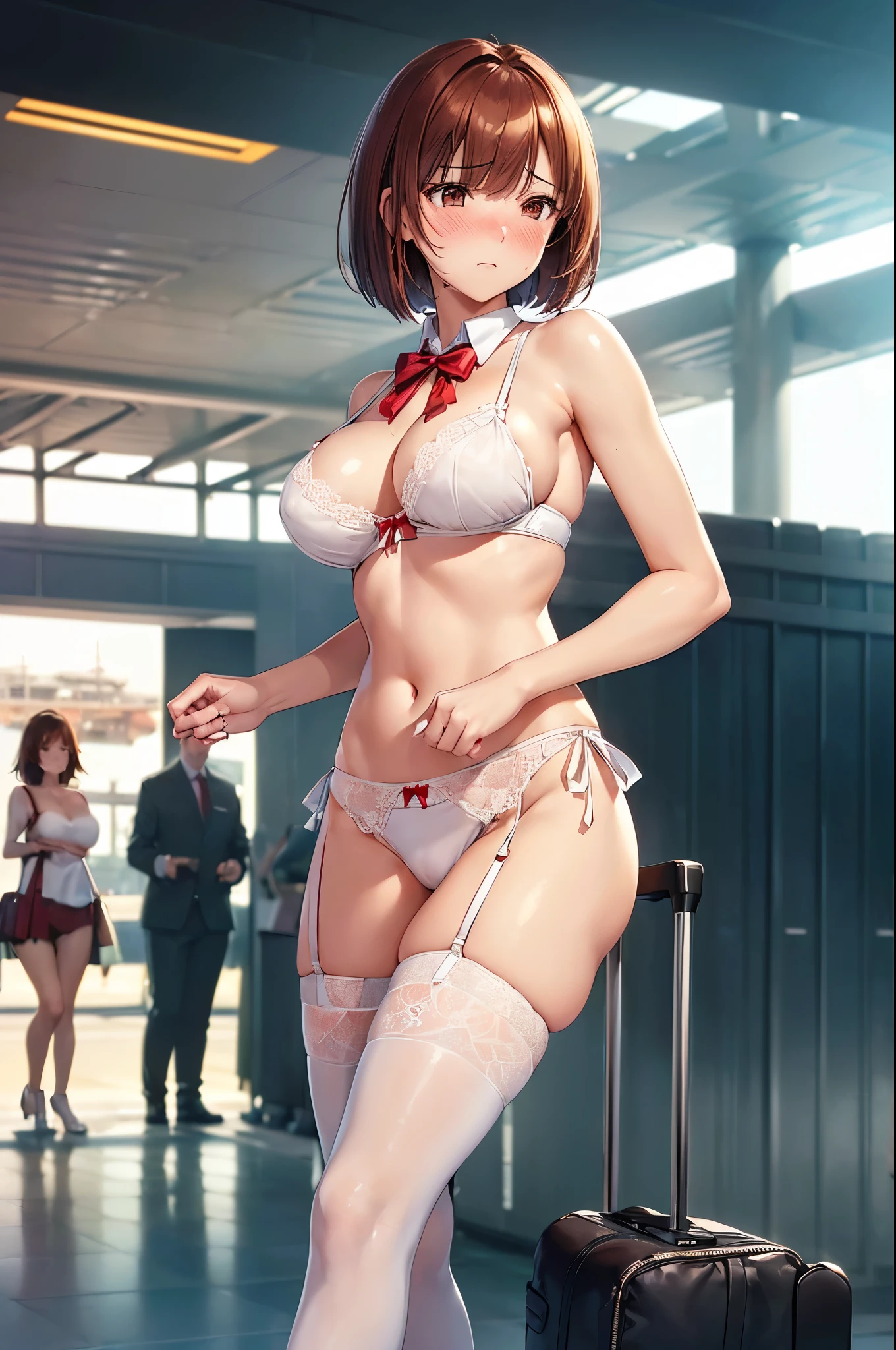 (((masterpiece, Highest quality, High resolution, 超High resolution, Perfect Pixel, Depth of written boundary, 4K, RTTX 10.0))), Beautiful Anime Woman, Beautiful art style, Anime characters, ((Smooth texture, Realistic texture, Anime CG Style)), Perfect and accurate finger count、Exact number of legs、(Exact number of arms:1.0, Exact number of hands:1.0), (Perfect hands, Perfect Anatomy), Cinematic, Realistic, Extremely detailed CG, Daytime lighting, Perfect lighting, Best Shadow, The best natural light, whole body, Perfect body, バランスのとれたPerfect body, Perfectly balanced style, Soft body, Slender body, ((bangs, Reddish brown hair, Stylish bob cut)), ((A cute adult woman is walking:1.8)), ((Bow tie around neck:1.3), (Sexy and cute white underwear:1.3), (Stylish shiny white satin panties, Side-tie panties, Panties with plain white center and lace decoration on the sides:1.3), (Thin panties with red ribbon:1.3), (White micro lace satin bra, White bra with lace trim, Thin bra with red ribbon:1.3), (lace garter belt, Garter Strings, Knee socks:1.3):1.3), (Beautiful big boobs:1.1), (Embarrassed expression:1.7), blush, (Airport lobby, There are many people in the background々:1.7), naked, In underwear, パンティとブラとガーターベルトとKnee socksだけ, Carry bag with casters, Black high heels, Angle from below the front