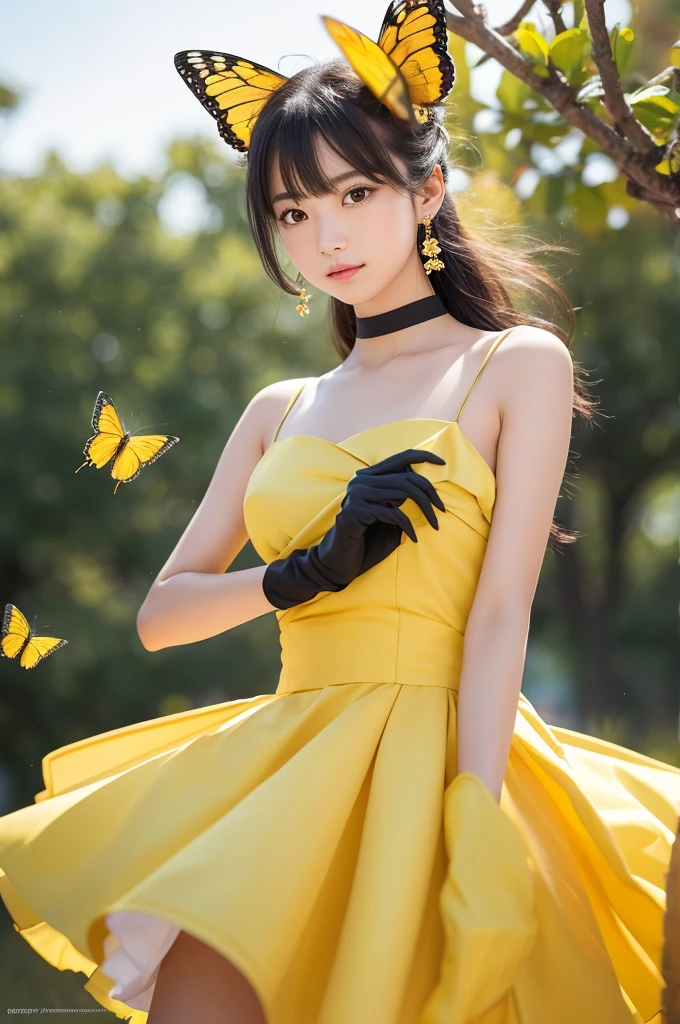 **Prompt Content**:
This image depicts a beautiful Japanese girl.、The background is a simple white canvas design.。
**Background features**:
The background is simple white.、It provides an effective contrast to highlight the character's yellow outfit and dark hair.。The background is accented with black ink splatters and yellow paint splashes.。
**Features of the costume**:
The beautiful girl is wearing a light yellow dress.、Shoulders and arms are exposed。The dress has a flowing design、It looks as if it is blowing in the wind。Also、He has black gloves on his hands、Yellow butterfly earrings dangle from her ears.。
**Posing**:
She was standing with one leg slightly bent.、The body is tilted slightly and the subject is looking at the camera.。Hair spreads wide、It expresses a sense of dynamism。Also、Yellow butterflies are flying around her、Accentuating her movements。
**Photographic Techniques**:
Focus on the details of the characters、Every detail is depicted realistically。Hair texture and costume folds、The flapping of the butterfly's wings is depicted in detail.。The colors are carefully chosen to make the character's bright yellow and black stand out against the white background.。In a vertical screen composition、The character's entire body is well-balanced and framed.。