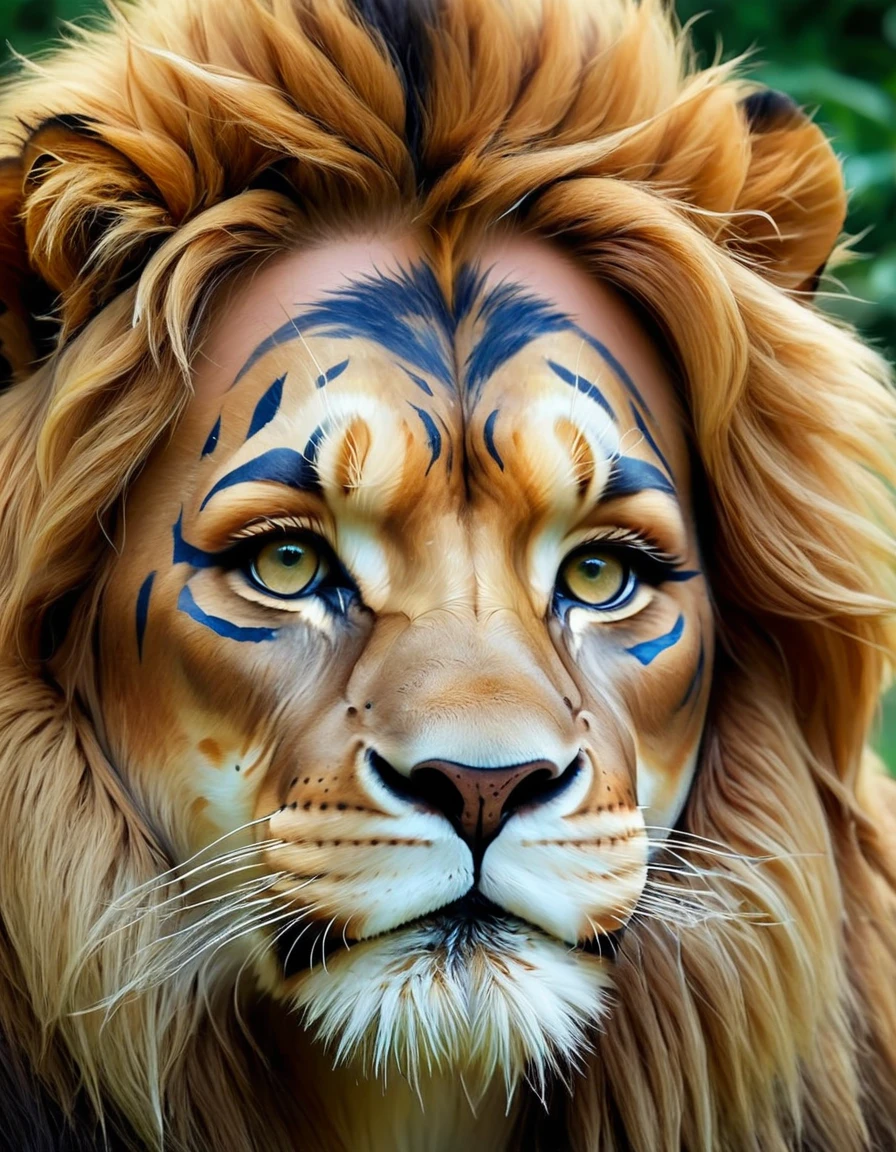 Woman paints highly realistic lion face on her face、
