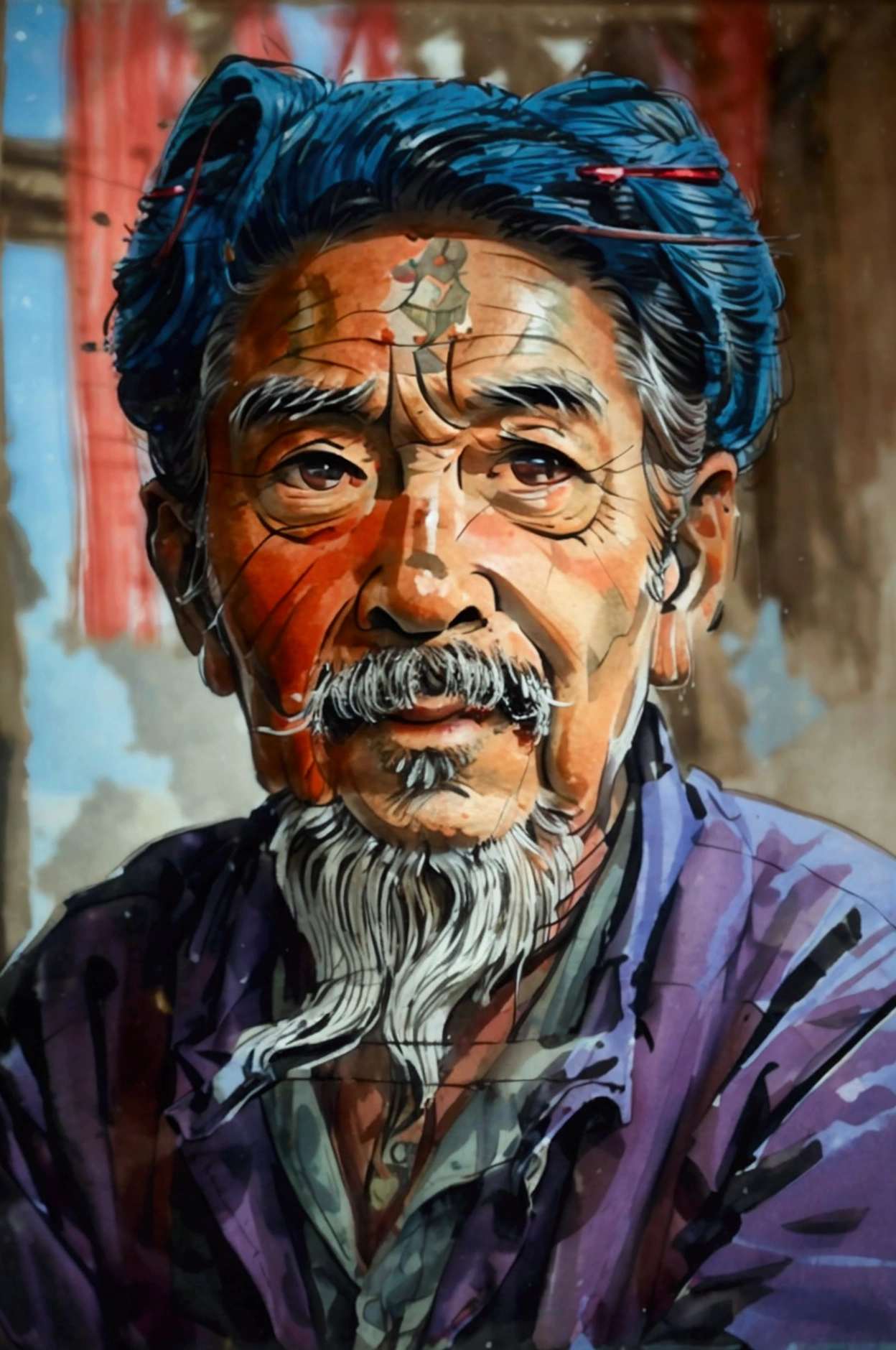 Double Exposure,Multi-exposure photography of an old Chinese father and a rural village