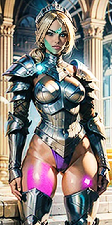 alexistexas, 1girl, abs, armor, armored boots, bikini armor, shoulder armor, smile, solo, standing, thick thighs, thighhighs, thighs, tiara, toned, twin drills, twintails, very dark skin, light blonde hair, detailed face, detailed eyes