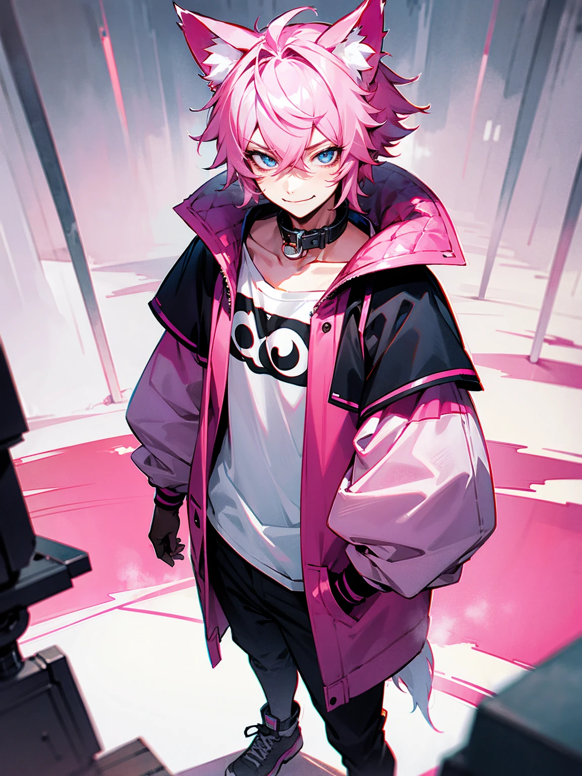 Young male, pink hair messy, , wolf ears, playful smirk, standing on path, with a collar