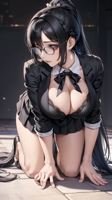 (Perfect Arms、Perfect Fingers、Perfect Anatomy)、1 high school girl、Ecstasy face、Detailed eyes、(Beautiful long hair:1.5)、ponytail、Very fine and shiny eyes、Fuller lips、This image exudes reality、Capturing the essence of delicate portraits、Digital Art、Photorealistic and highly detailed technology、(Short skirt:1.4)、(blazer:1.3)、(Bodyline)、(Japanese women)、(Panty shot:1.4)、Emphasized buttocks、(Stick your butt out:1.2)、Glasses、(Angle from behind:1.2)、(On all fours:1.5)、Black lace panties、(Big Breasts:1.7)、(Saggy breasts:1.2)