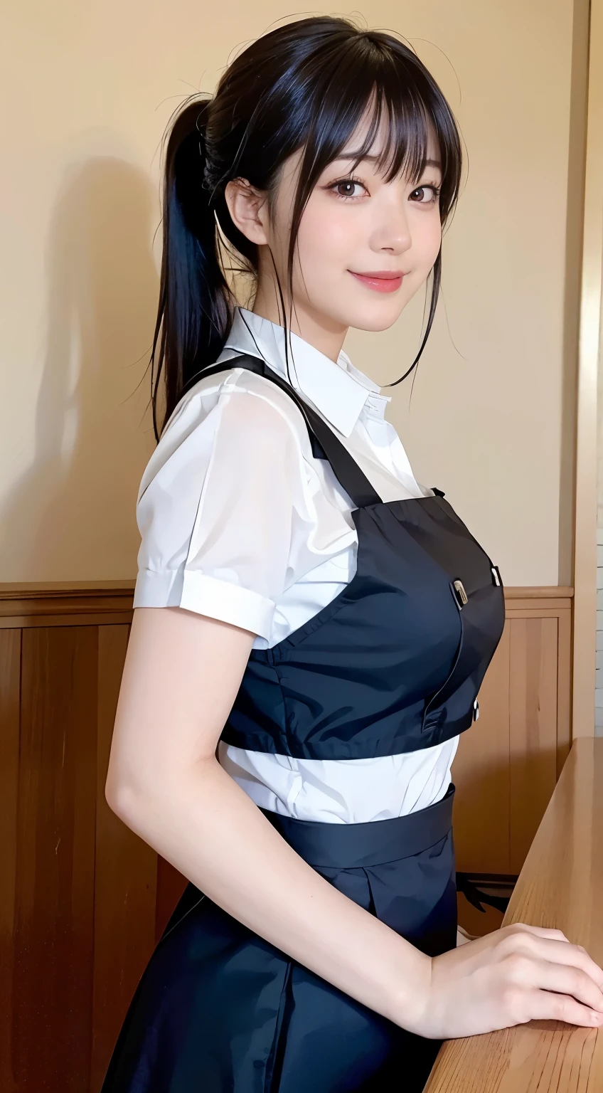 (Highest quality,masterpiece:1.3,Ultra-high resolution,),(Very detailed,Caustics),(Realistic:1.4,RAW shooting,)Ultra-Realistic Capture,Very detailed,High resolution 16K human skin closeup。 Natural skin texture、,pores、、、、It must be detailed enough to be easily identifiable。 Skin tone is even and healthy looking。 Use natural light and colour,restaurant,Waitress Uniform,1 girl,Japanese,18-year-old,cute,Black-haired,ponytail,Big Breasts,smile,Turn your body forward,(Front view:1.1),Looking into the camera,Cowboy Shot,