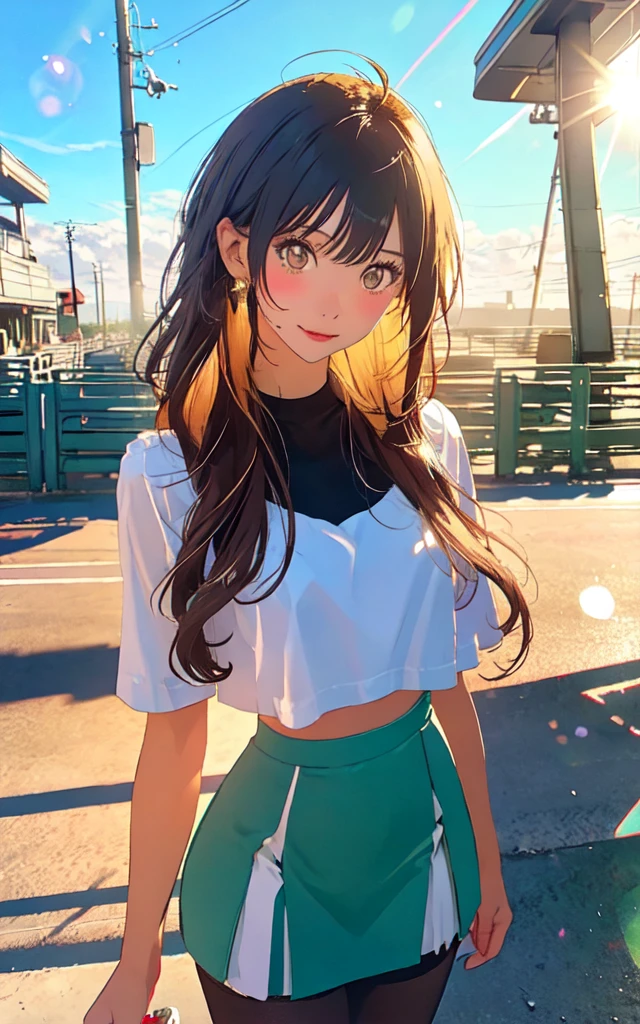 Front facing, facing this way、
Gal&#39;s more beautiful smile、
More cute casual summer outfits、Cute mini skirt、
More beautiful thighore beautiful colorful pantyhose、
Beautiful dark clouds, (Cowboy Shot:1.4), Beautiful and realistic, 
Beautiful masterpiece, Beautiful and top quality, Beautiful backlight, (Lens flare:1.1), (bloom:1.1), (chromatic aberration:1.1)

Meet in front of the station