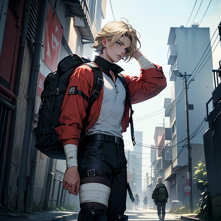((masterpiece)), (((best quality))), solo, 1 male, dystopian world, pale white skin, very light blonde hair, medium hair, bob hair style, straight hair, handsome young man, blue eyes, lean, tall, slender, practical military-style clothing, bandages, elbow and knee pads, backpack, simple earrings, highest quality, highly detailed, original, high resolution CG Unit 8k wallpaper, (best quality, artwork, masterpiece, 4k)