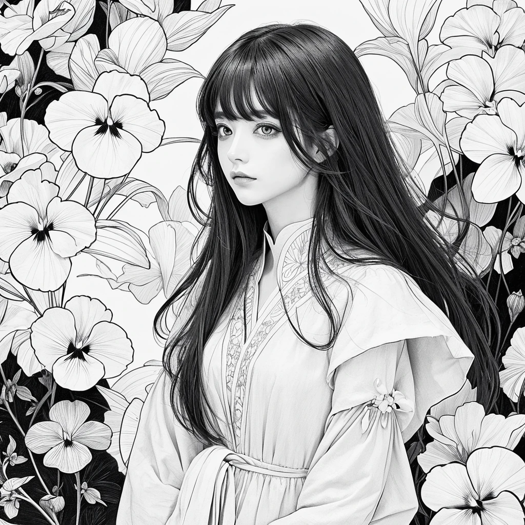 A picture that can be enjoyed as a coloring book、Pansy painting、An illustration、beautiful、Bold line、Manga style、Low Detail、No black paint、1 picture、Hair is white