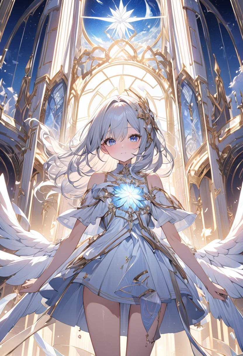 Attention to detail, Super Detail, Ultra-high resolution, An angel having a good time in the sanctuary of dreams, The girl is wearing state-of-the-art technology,The white light that shines on her, The background is a sacred area,The sky is a mixture of day and night,Delicate face, Add a fantastical atmosphere 