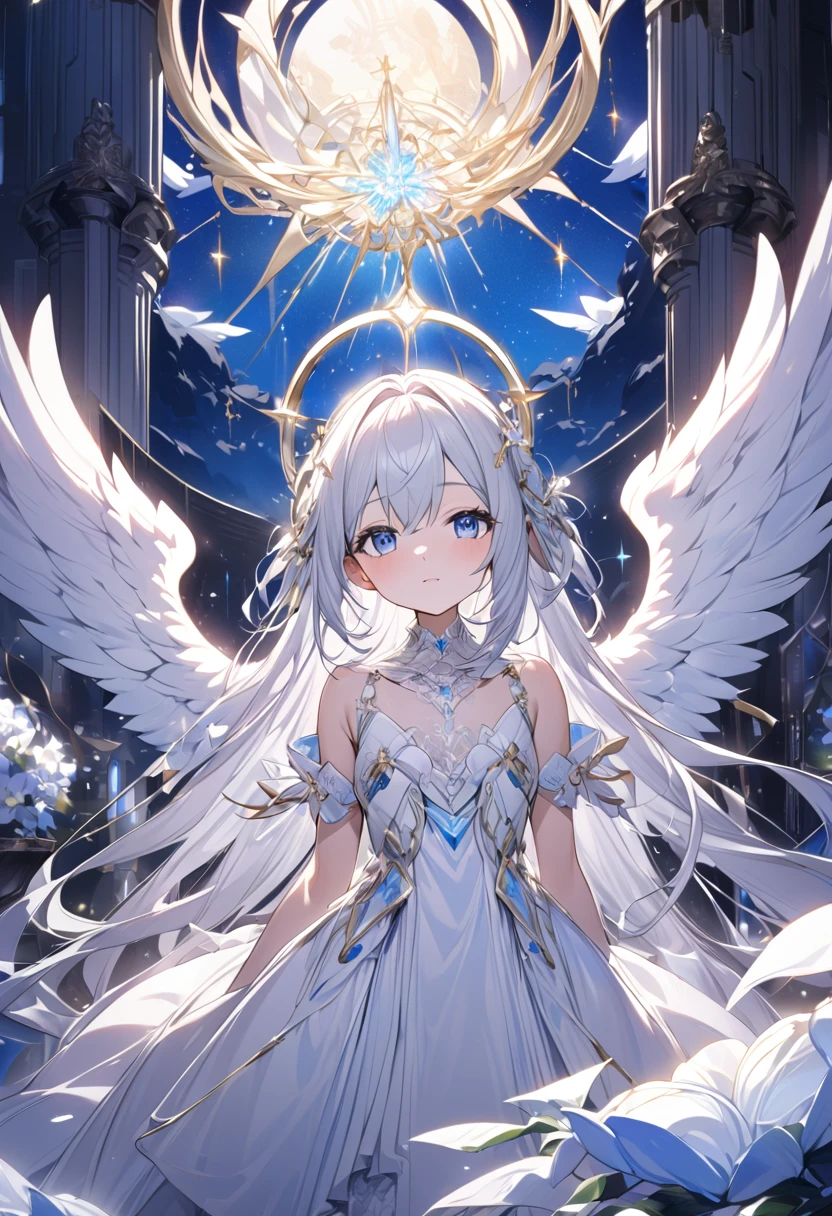 Attention to detail, Super Detail, Ultra-high resolution, An angel having a good time in the sanctuary of dreams, The girl is wearing state-of-the-art technology,The white light that shines on her, The background is a sacred area,The sky is a mixture of day and night,Delicate face, Add a fantastical atmosphere 