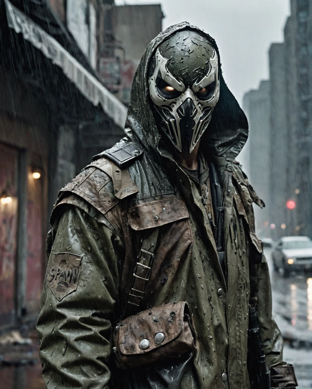 photorealism, hyperrealism, cinematic, A stunning street style portrait of a rugged post-apocalyptic, of Spawn by Todd McFarlane, braving the elements.using your mask. Dressed in traditional costume with military camouflage details with a worn texture, he stands against a desolate urban backdrop. Rain falls, creating a cinematic atmosphere as the drops hit the surface of the coat. Intricate details such as patched repairs and buckled straps accentuate the character's resilience and resourcefulness. The scene is captured in a high-contrast, emphasizing the interplay of light and shadows.