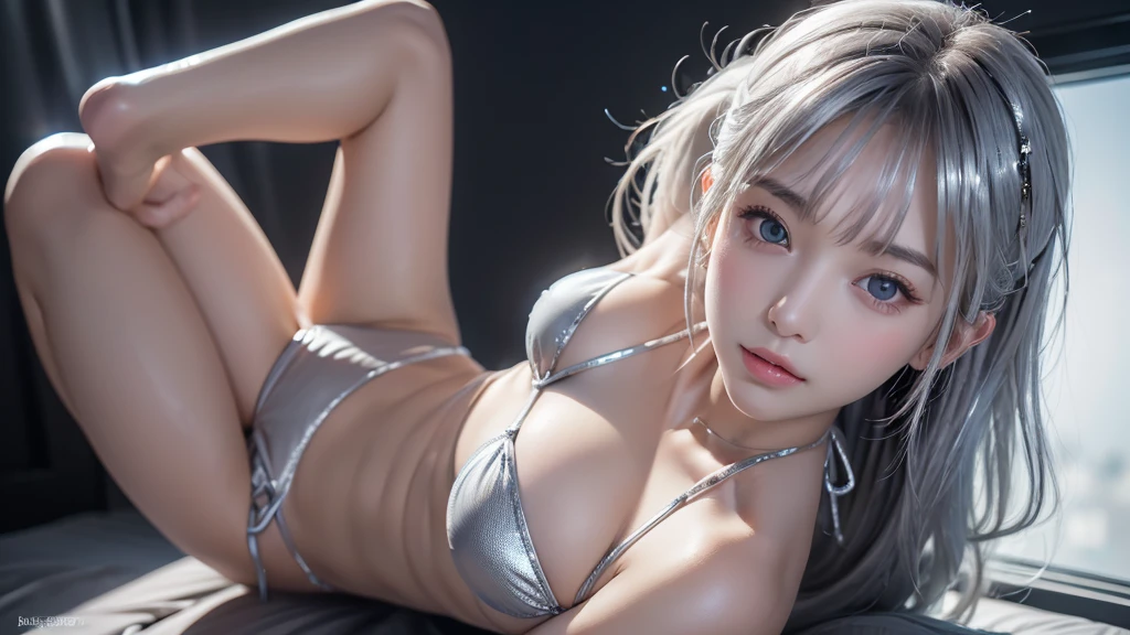 masterpiece, best quality, Very detailed, to the camera, 複雑に詳細なVery detailed, Practical, Distinctive features, Very detailed, Clear focus, Perfect face, Perfect face, Perfect symmetry，perfects eyes, Perfect plump lips, Flexible female form, Movie, lamp, Very detailed, hyper Practical, masterpiece, atmosphere, high resolution, Energetic, 动态工作室lamp光, ((Dark background)), Endure the expression of happiness, Straight bangs, blue eyes,Kneel down，Hands on hips、butt、Spread your legs、lie、Supine、Sexually excited expressions、No clothes、((Top quality、8K、masterpiece:1.3))，(((Wearing a silver micro bikini)))，Girl with delicate face，Huge breasts, Highest image quality，Ultra-clear，Exquisite and clear facial features