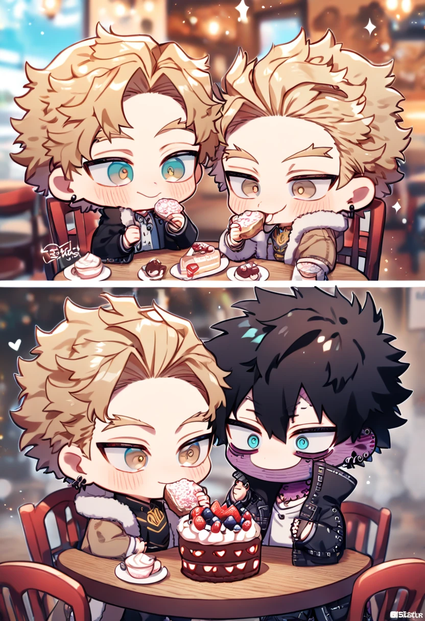 absurdres, highres, ultra detailed, HDR, master piece, best quality, extremely detailed, Hawks chibi, ash-blonde hair, expressive brown eyes, Boku No Hero Academia, Dabi chibi, black hair, expressive turquoise eyes, two boy sitting together, gay couple, yaoi, cute, black coat, brown coat with fur, magical, cafe, table, chairs, eating, cake