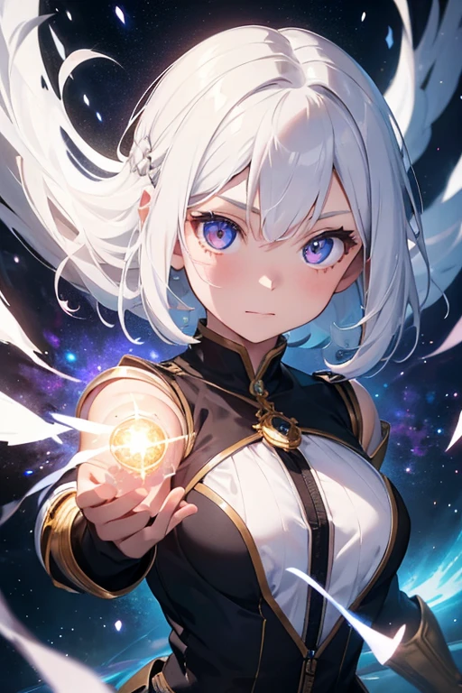 1girl, 13 years old, shy, white hair, amber eyes, cosmic powers flowing from hands, photorealistic, 8k, hyper detailed, intricate details, cinematic lighting, dramatic composition, ethereal, mystical, fantasy, glowing energy