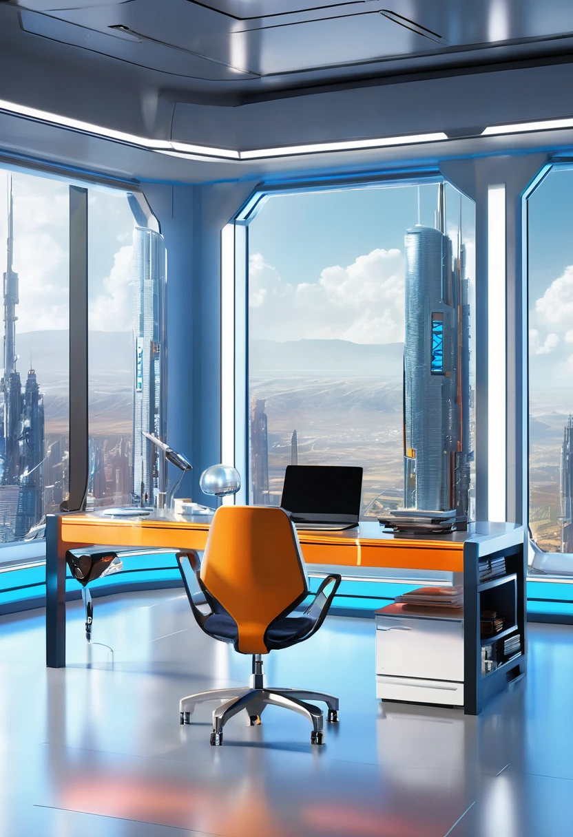 a beautiful sci-fi futuristic private office room with matte painting by John Harris, Sparth e Greg Rutkowski. Sharp edges, Tiffany azul, gray orange, white and gold. Science fiction room on a space base, Outside the windows a future city skyline, Efeito de Luz. ultra clear detailed, 3d, octane render 8