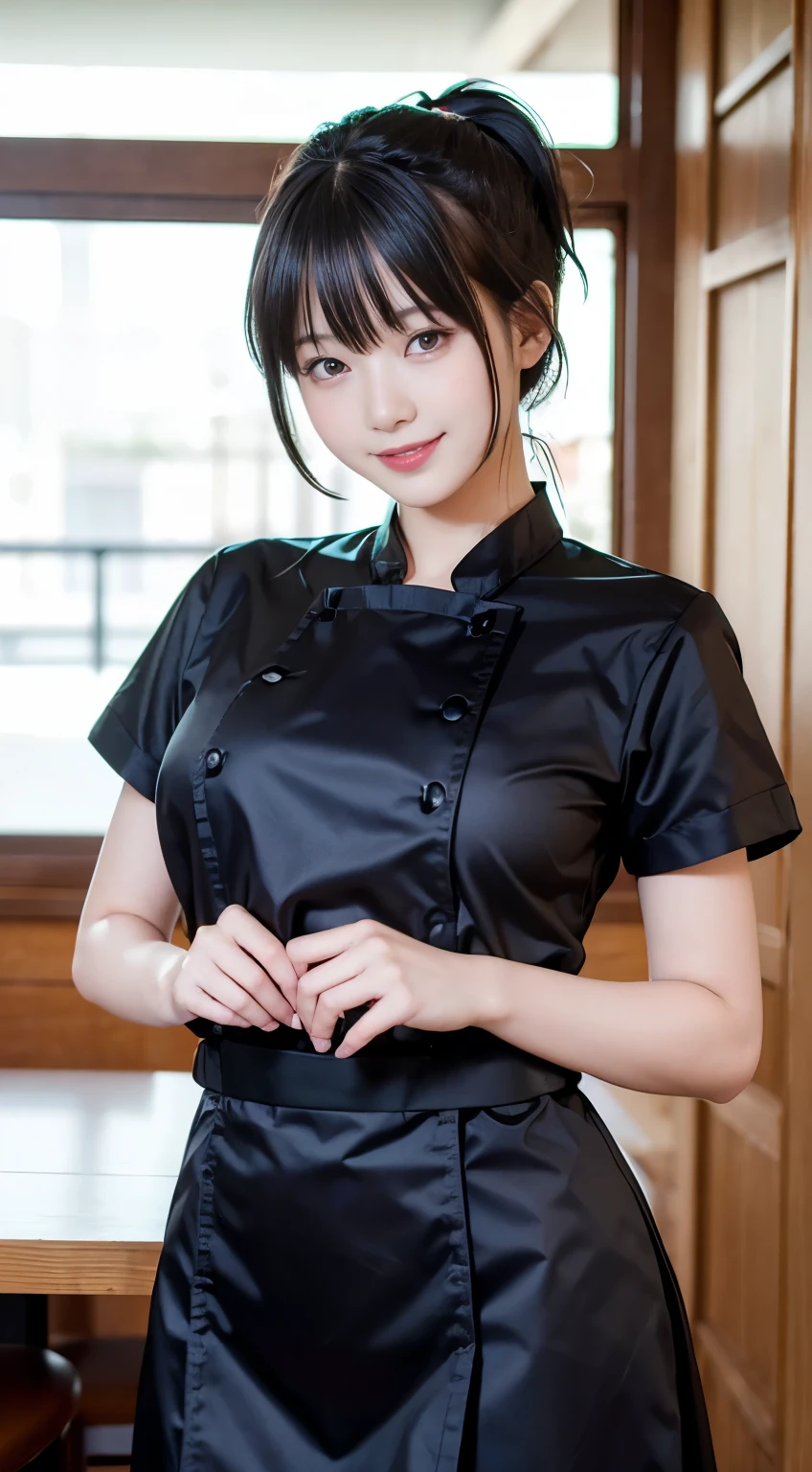 (Highest quality,masterpiece:1.3,Ultra-high resolution,),(Very detailed,Caustics),(Realistic:1.4,RAW shooting,)Ultra-Realistic Capture,Very detailed,High resolution 16K human skin closeup。 Natural skin texture、,pores、、、、It must be detailed enough to be easily identifiable。 Skin tone is even and healthy looking。 Use natural light and colour,restaurant,Waitress Uniform,1 girl,Japanese,18-year-old,cute,Black-haired,ponytail,Big Breasts,smile,Turn your body forward,(Front view:1.1),Looking into the camera,Cowboy Shot,