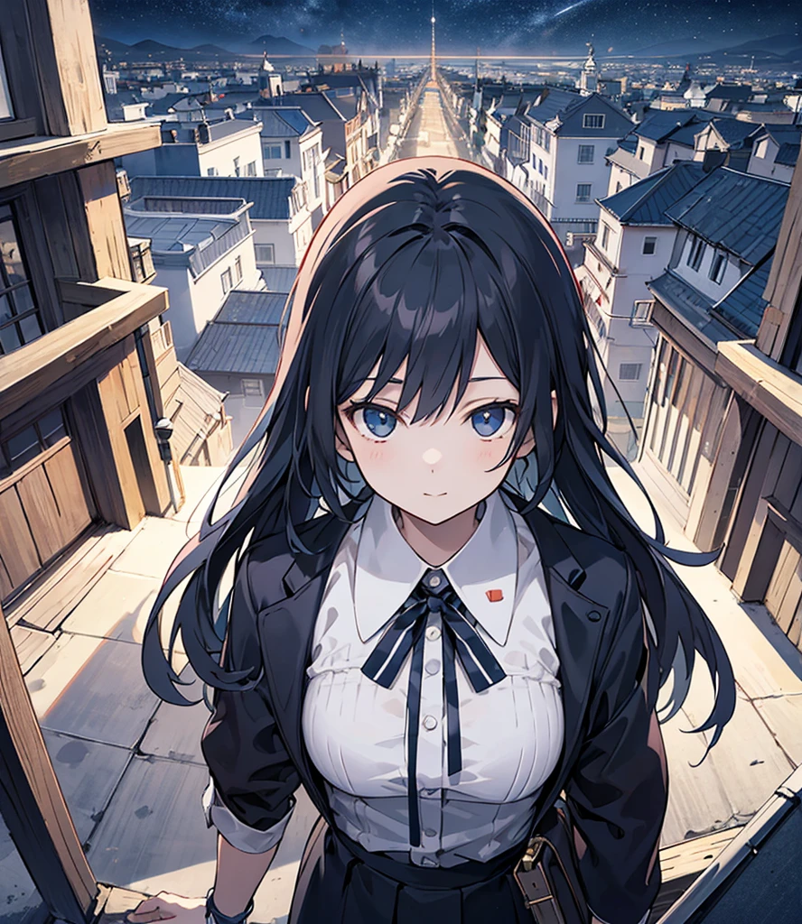 (Masterpiece),(best quality), official art, (1 girl, single:1.0),attitude,
walking place,looking for viewers,soft smile,
straight on,looking for viewers,upper body, directly from above,symmetrical,
external,night sky,(night time),depth of field, horizon,On the roof,