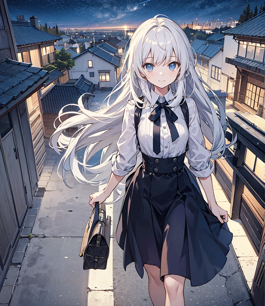(Masterpiece),(best quality), official art, (1 girl, single:1.0),attitude,
walking place,looking for viewers,soft smile,
straight on,looking for viewers,upper body, directly from above,symmetrical,
external,night sky,(night time),depth of field, horizon,On the roof,
