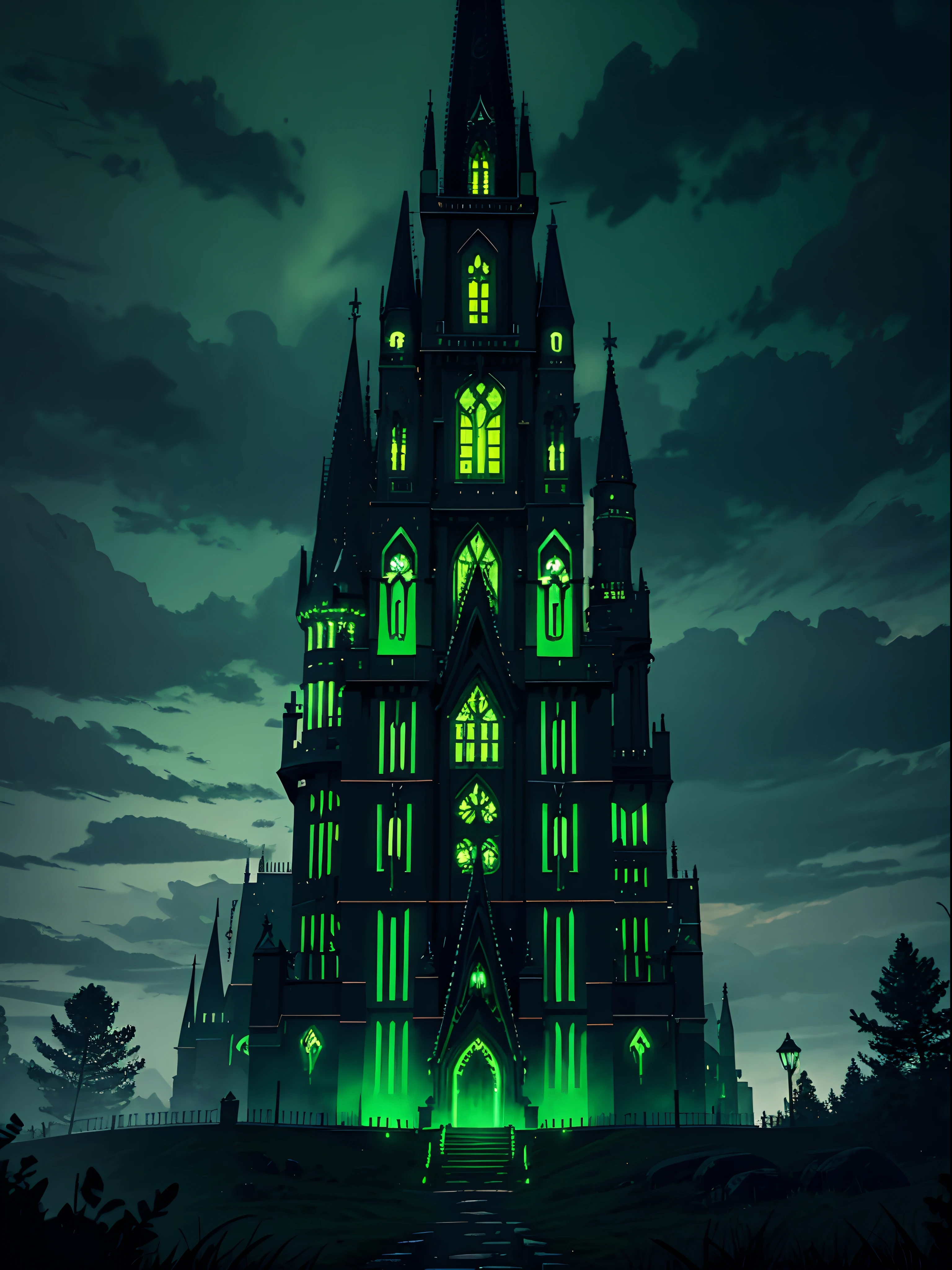 dark castle with green lights, green and black color palette, gloomy and dark style, green demonic lights, outside look
