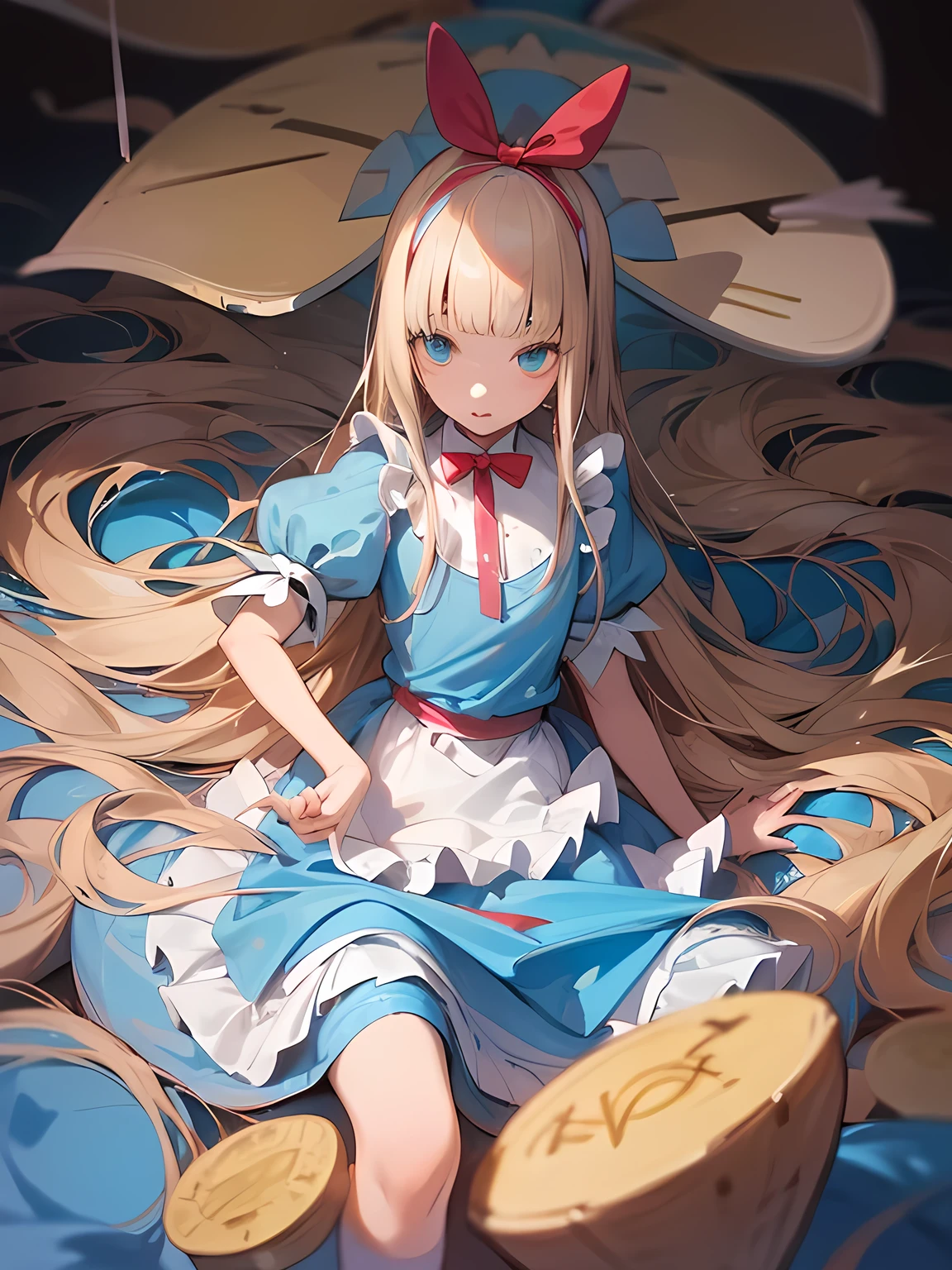 ((Alice in Wonderland:1.3)),straight thin very long hair,blunt bangs,Sister's face、((A vibrant and lively background:1.2)),(Pop and cute black ball pattern:1.45)),((You are the main character!:1.2)),((Beautiful images:1.15)),((high quality:1.15)),((Perfect graphics:1.15)),(((girl、Lady:1.2))),Big smile,(blush、Embarrassed laugh:1.25),(white、pink、cream、black、yellow)