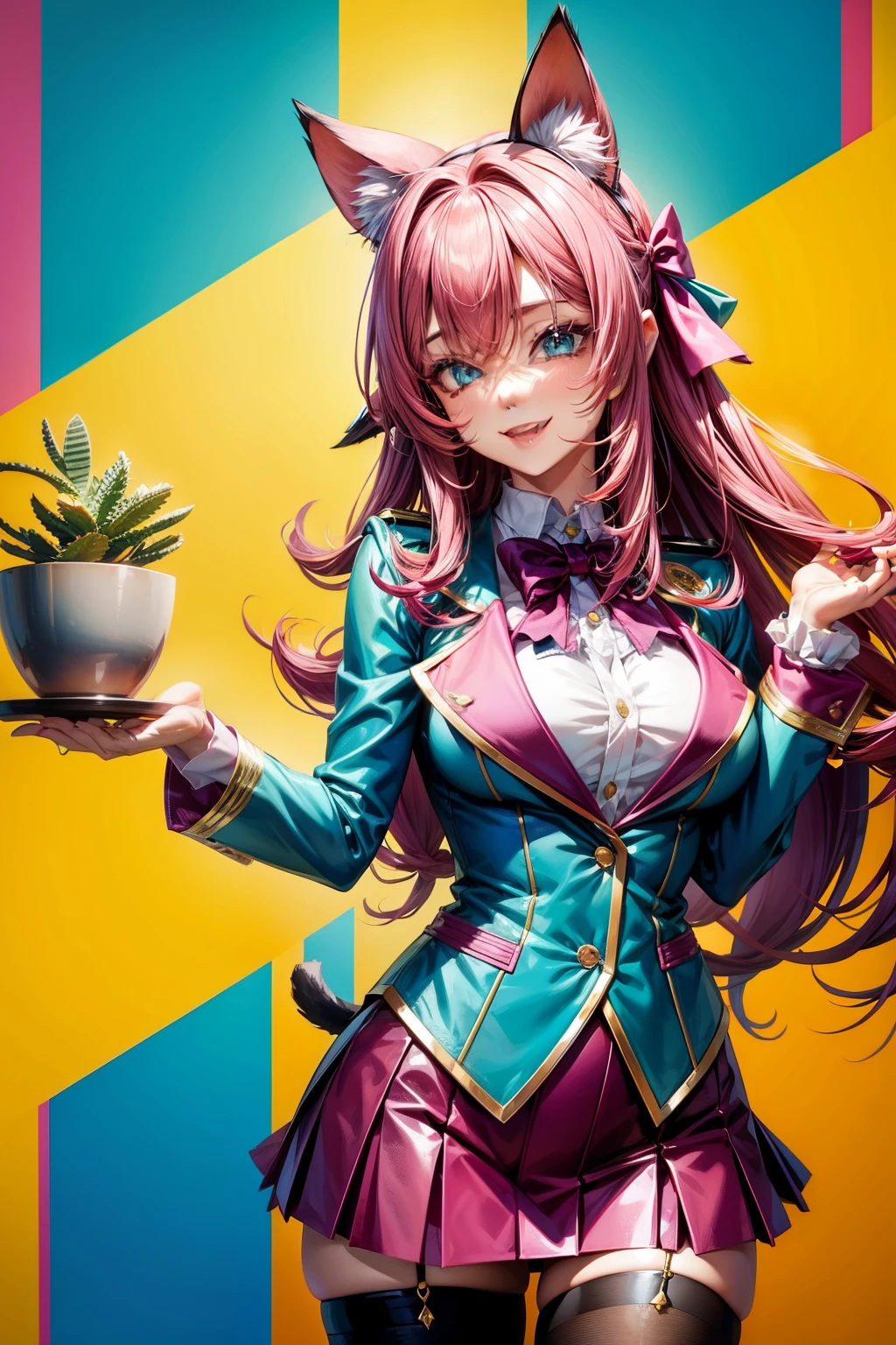 Magenta hair, hazel eyes, older woman, hair bows, cat ears, long hair, smiling face, sexy uniform outfit, teal and gold clothes, succulent plants background