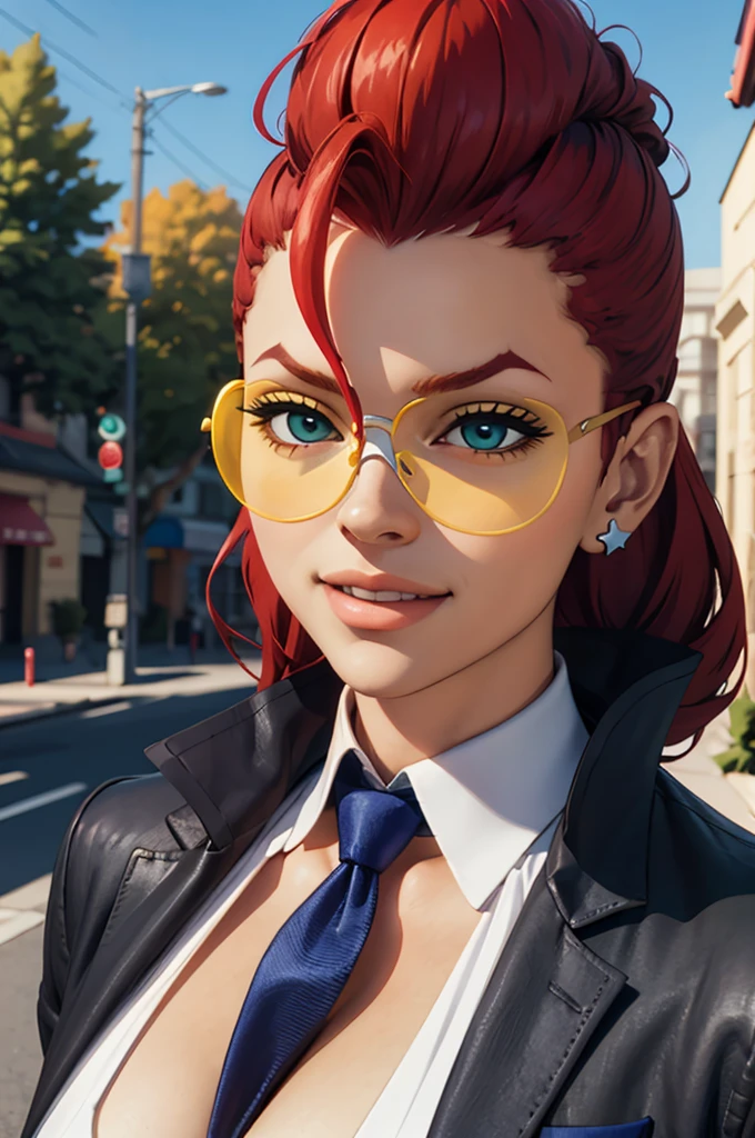 Clean Vip, Redhead,Earrings, Pompadour, Single Blade, Yellow glasses,Cleavage, tie between chest, shirt, Black jacket, View your viewers, smile, Portraiture, 
outside, blue sky, Extremely detailed, Extremely detailed, masterpiece, 