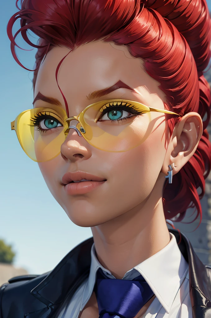 Clean Vip, Redhead,Earrings, Pompadour, Single Blade, Yellow glasses,Cleavage, tie between chest, shirt, Black jacket, View your viewers, smile, Portraiture, 
outside, blue sky, Extremely detailed, Extremely detailed, masterpiece, 