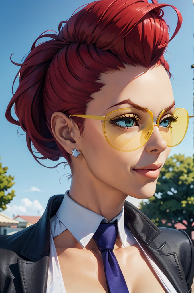 Clean Vip, Redhead,Earrings, Pompadour, Single Blade, Yellow glasses,Cleavage, tie between chest, shirt, Black jacket, View your viewers, smile, Portraiture,
outside, blue sky, Extremely detailed, Extremely detailed, masterpiece,