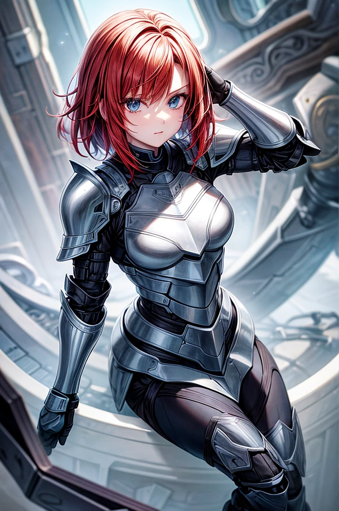 redhead girl with short hair light blue eyes wearing metal armor