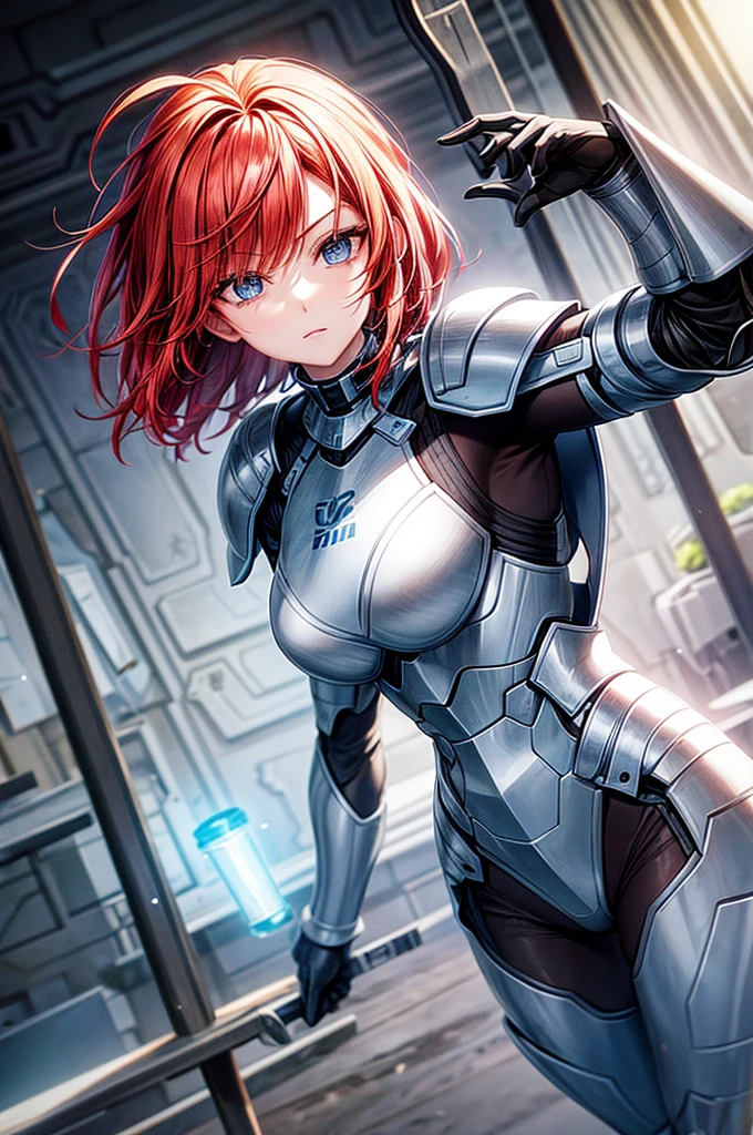 redhead girl with short hair light blue eyes wearing metal armor