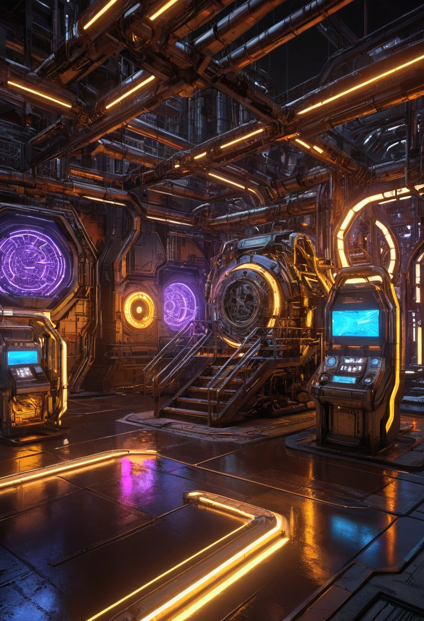 a brown background,futuristic,int industrial technology,advanced cyberpunk environment,detailed metal gears and circuits,glowing neon lights,chrome and steel structures,detailed textures,volumetric lighting,cinematic composition,photorealistic,8k,highly detailed,masterpiece
