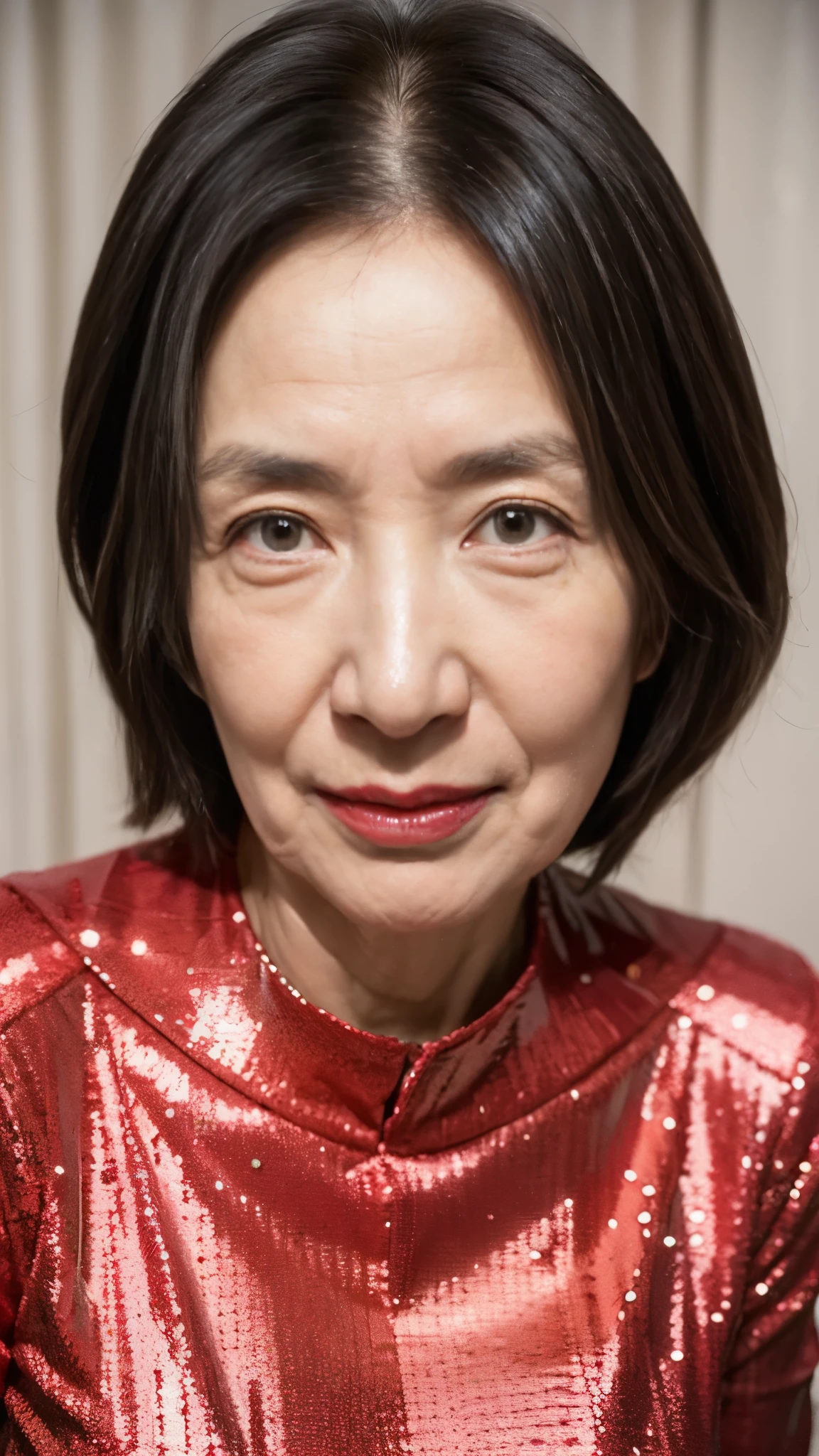 Masterpiece, ((Great focus)), Beautiful finish, Beautiful mature woman, 65-year-old woman, Face close-up, Long face, (High nose), Red lips, Thin lips, Sequined Dress, Light from the front, 