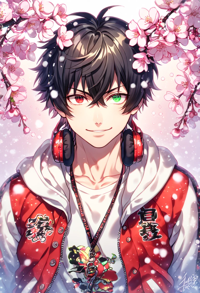 Ultra detailed, HDR, Highres, absurdres, master piece, Yamada Ichiro, black hair, heterochromia, expressive red left eye, green right eye, red varsity jacket, white hoodie, red headphone around his neck, Hypnosis Mic, sexy man, handsome, cherry, flowers, blossoms, fantasy, magical, pink leaves, snowing, handsome, sensual, best quality, glittering, solo, handsome smile,
