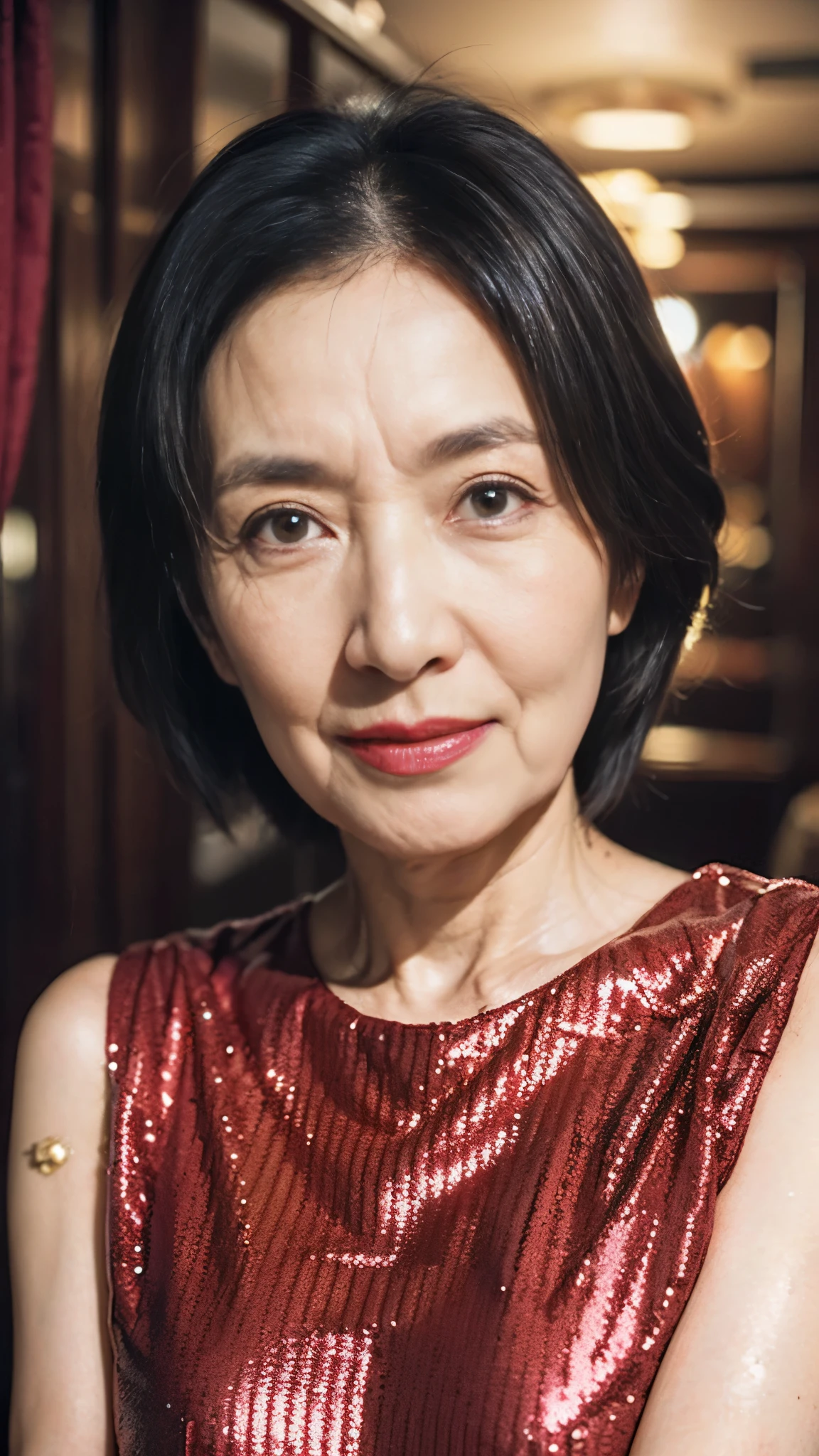 Masterpiece, ((Great focus)), Beautiful finish, Beautiful mature woman, 65-year-old woman, Face close-up, Long face, (High nose), Red lips, Thin lips, Sequined Dress, Light from the front, 