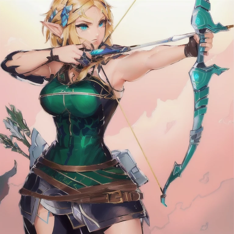 um desenho animado de uma mulher with bow and arrow, garota de anime with bow and arrow, Zelda style art, Zelda OPEN, from legend of zelda, OTW style, a sexy blonde warrior, with bow and arrow, Zelda, female archer, Princess Zelda, OTW, fanart de videogame, wielding a bow, breath of the wild style