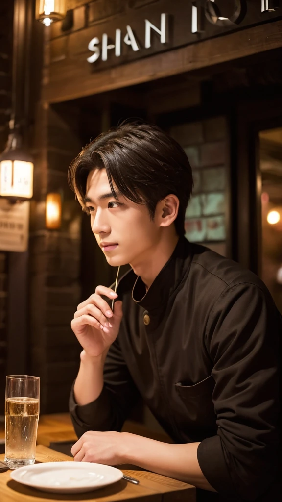 Shinjuku、midnight、underground、Hidden Restaurant、Round table、Stone Wall、Handsome Men、Japanese、19 years old、rest one's chin on one's hand、Black maid outfit、Sleeveless、White headband、My hobby is muscle training、Best Smile、Subjective、Ultra HD、Real Photo