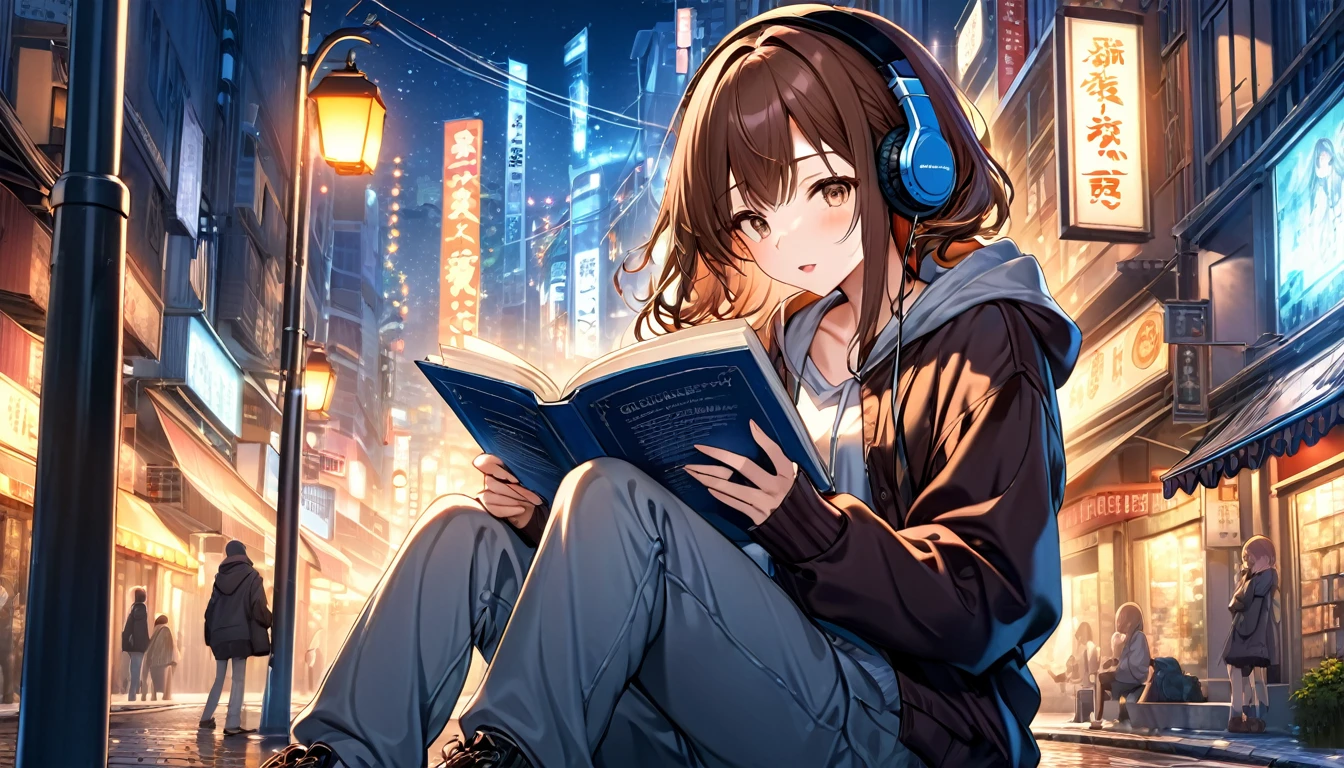 Brown-haired girl wearing headphones、Night lights - very detailed、masterpiece, Highest quality, Bright - Night city lights in the background、Relaxed facial expression、Casual clothing、Reading a book under the street lamp
(Detailed fingers), (Emotional), (Breathtakingly beautiful), (main part:1.2) whole body.), (Anime Style), (Very detailed), (Brutal), (超High resolution, High resolution), (8k), (High resolution: 1.2), (Complex and beautiful: 1.2)