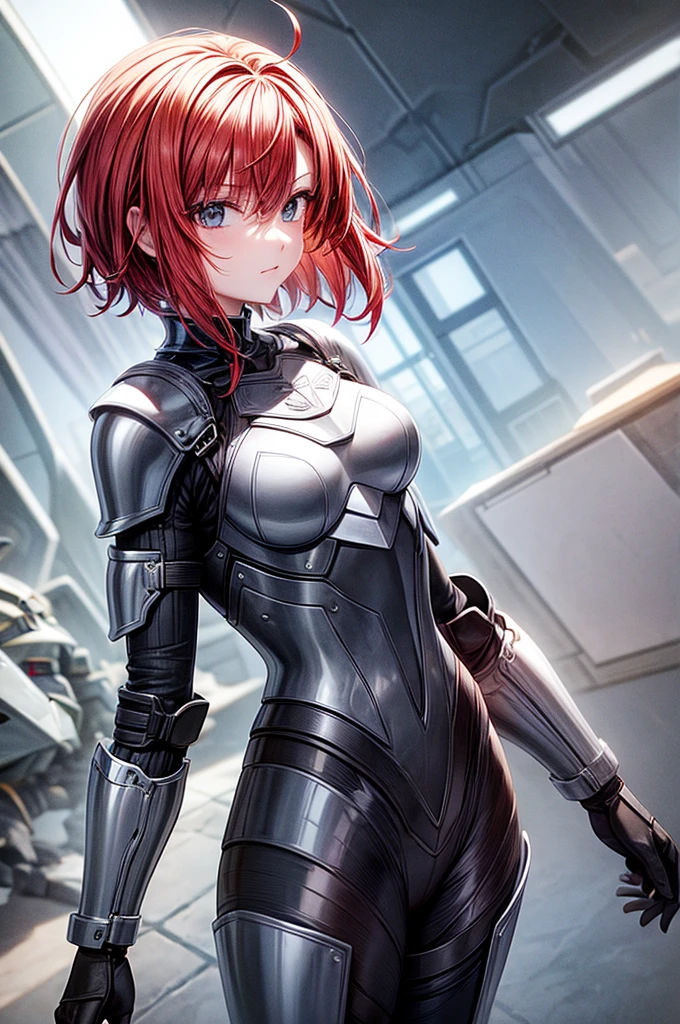 redhead girl with short hair in metal armor