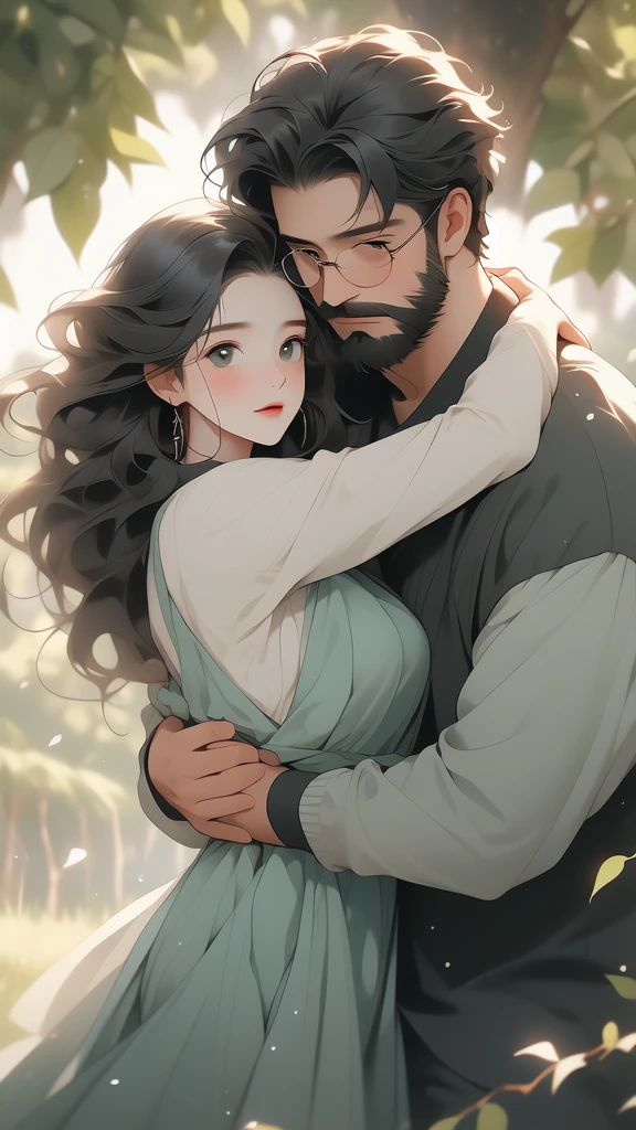 a woman and a man are hugging while posing for the camera near a tree, 1girl, 1boy, facial hair, tree, black hair, beard